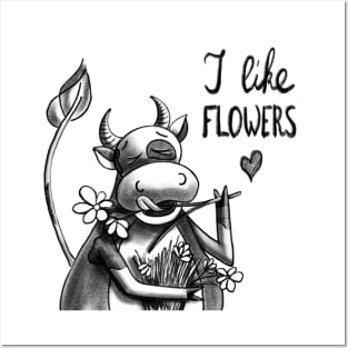 Cow with flowers Posters and Art